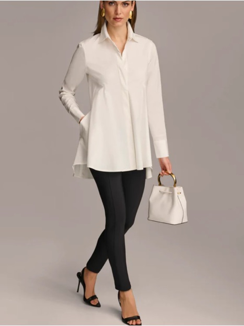 Donna Karen New York White Button-Down High Low Peplum Top